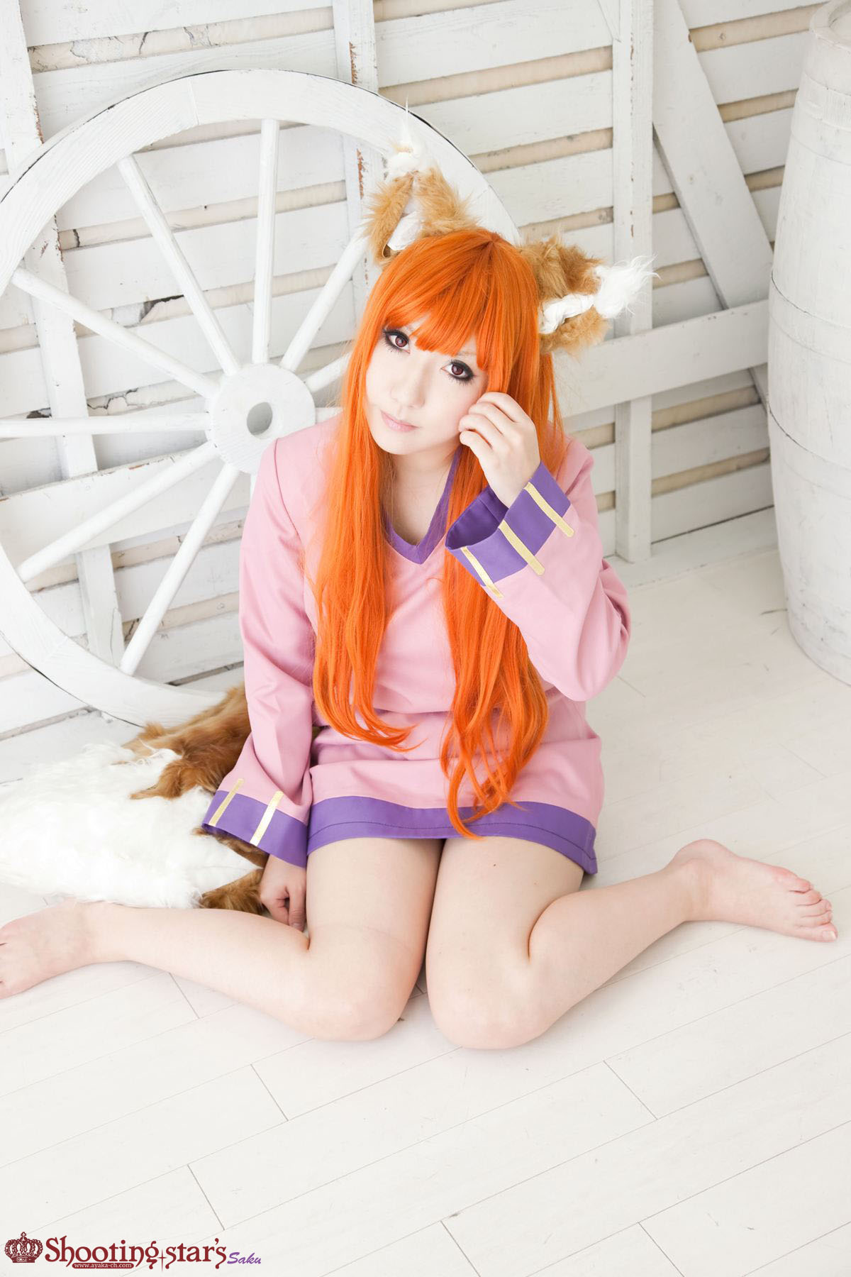 animal_ears asian breasts cosplay female long_hair orange_hair shooting_star solo watermark