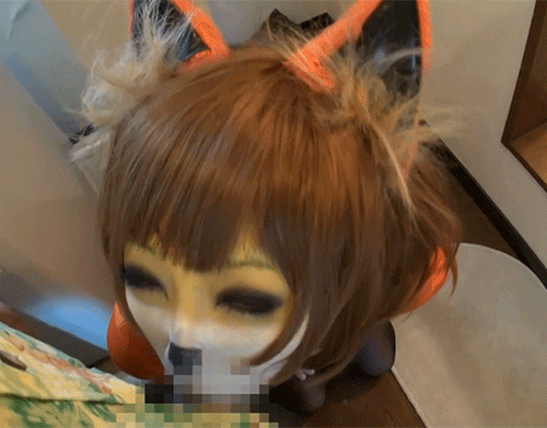 1boy animal_ears animated asian bodypaint brown_hair censored cosplay fellatio female from_above gif kneeling oral penis pov