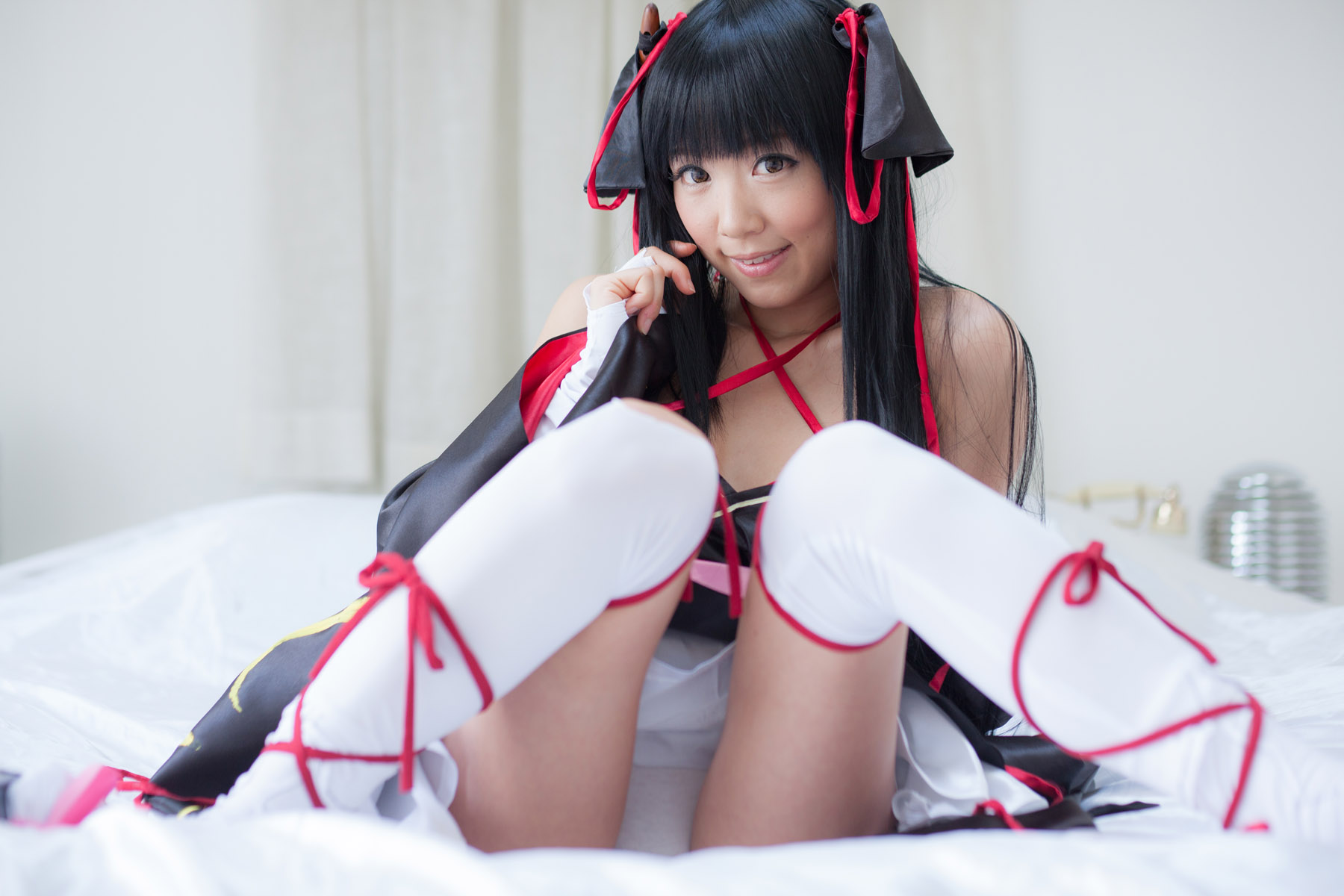 asian bare_shoulders black_hair breasts cosplay dress female long_hair shoes socks solo