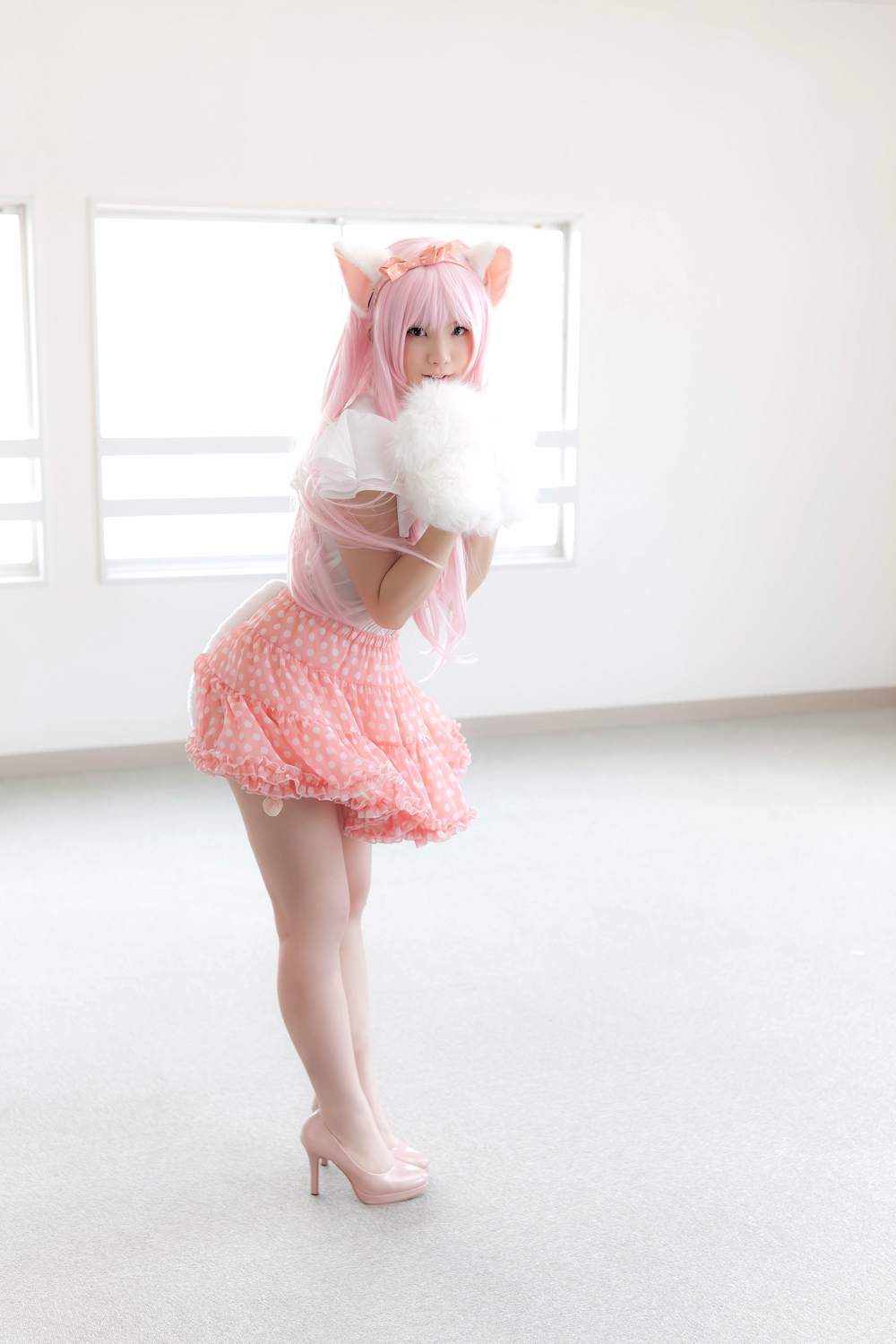 animal_ears asian breasts cosplay enako female long_hair pink_hair solo