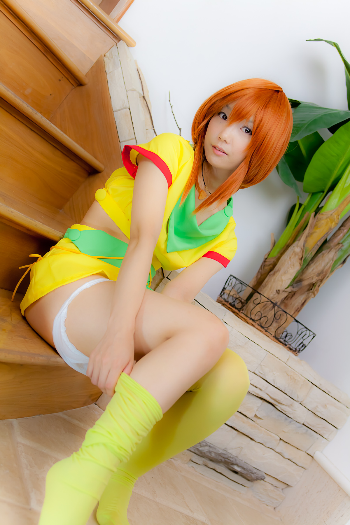 asian breasts cosplay female garter_belt long_hair midriff necklace orange_hair panties skirt solo thighhighs