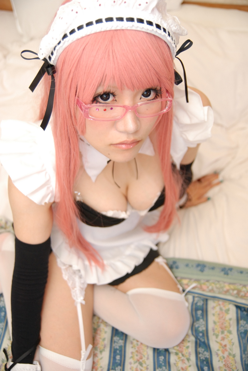 asian breasts cleavage female garter_belt high_heels long_hair maid pink_hair shoes solo thighhighs
