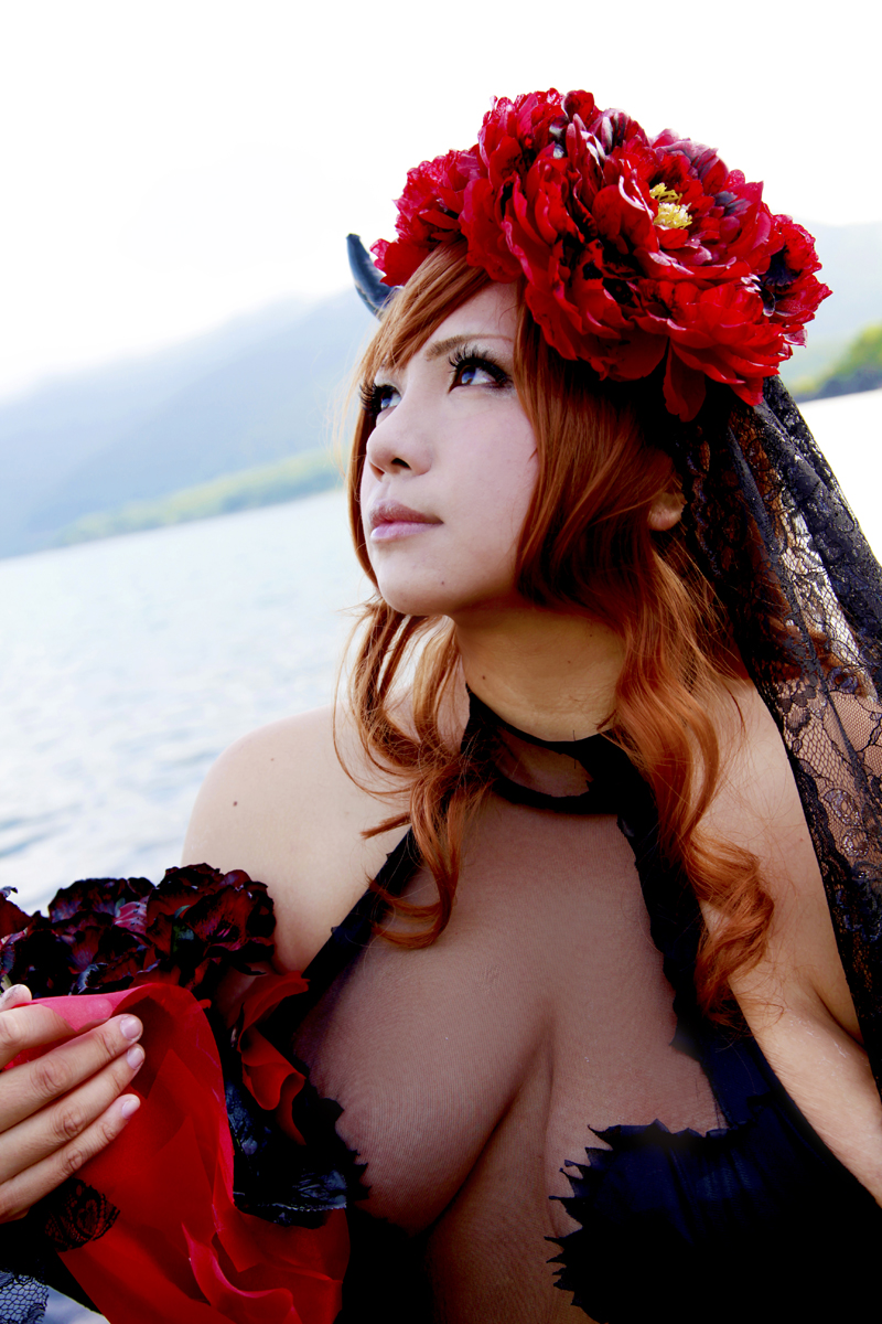 breasts brown_hair chouzuki_maryou cosplay female horn huge_breasts long_hair solo watermark