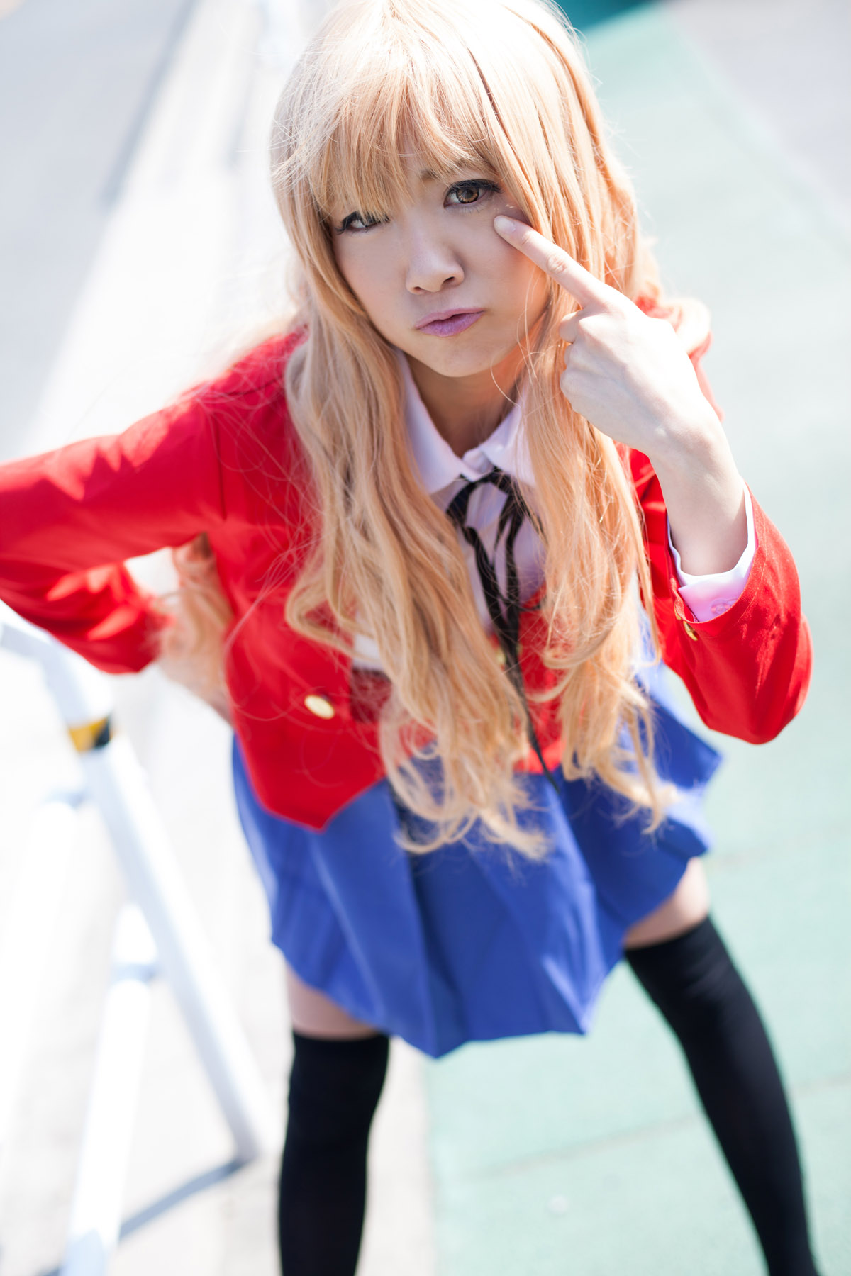 asian blonde_hair breasts cosplay female high_heels long_hair shoes skirt socks solo