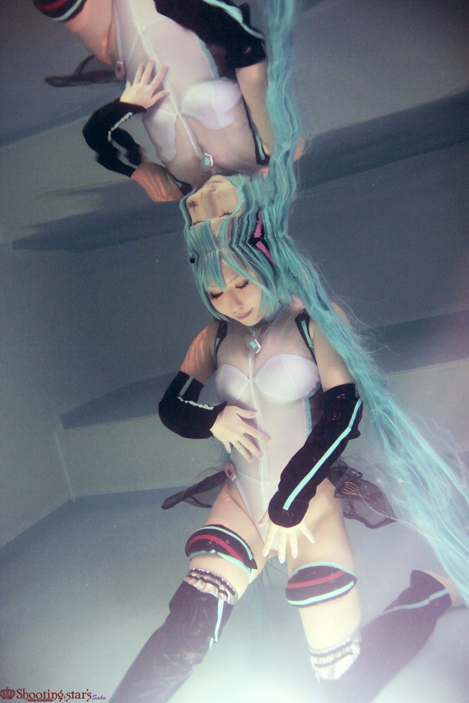 aqua_hair asian breasts cosplay elbow_gloves female gloves long_hair pigtails shooting_star solo watermark