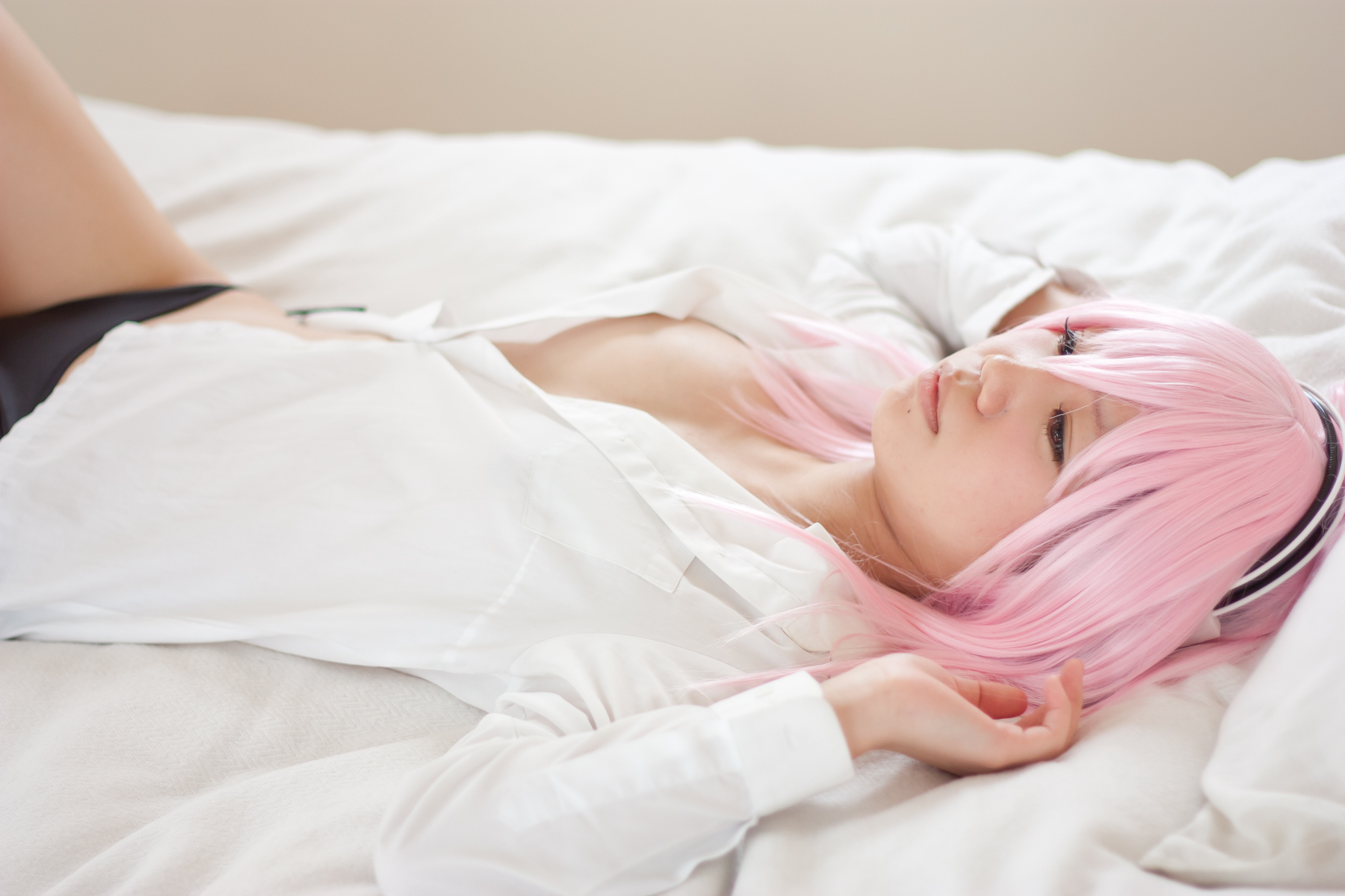 asian bikini breasts cosplay female headphones long_hair pink_hair solo