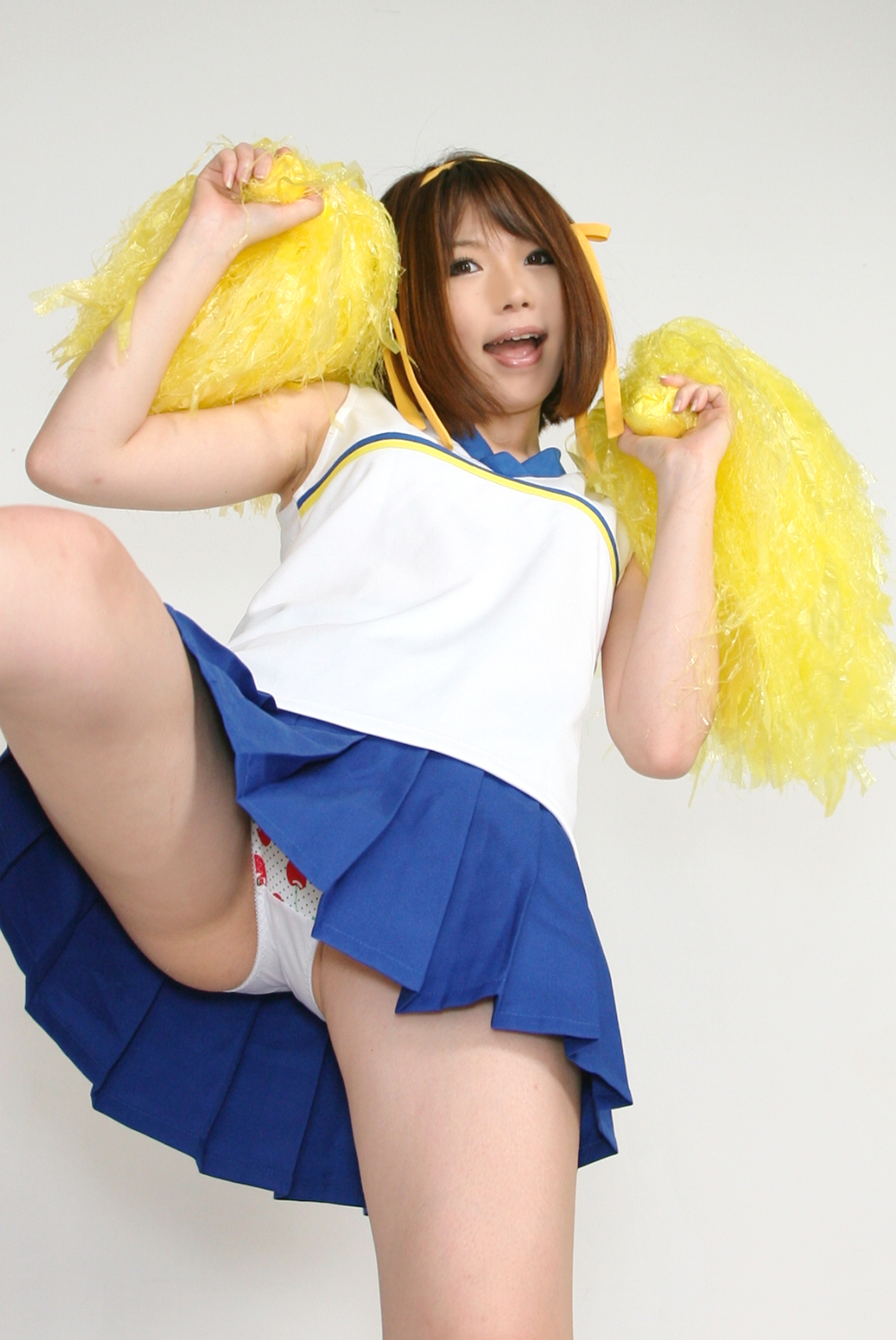 asian breasts brown_hair cheerleader cosplay female hairband panties shoes short_hair skirt socks solo