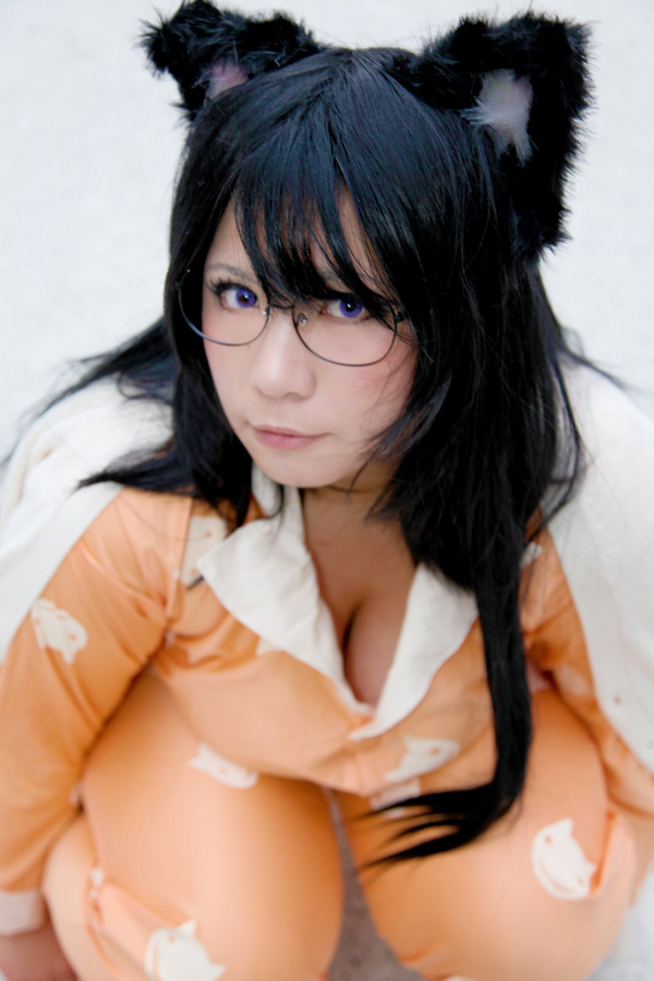 animal_ears asian black_hair breasts chouzuki_maryou cosplay female glasses hat huge_breasts long_hair outside pajamas solo
