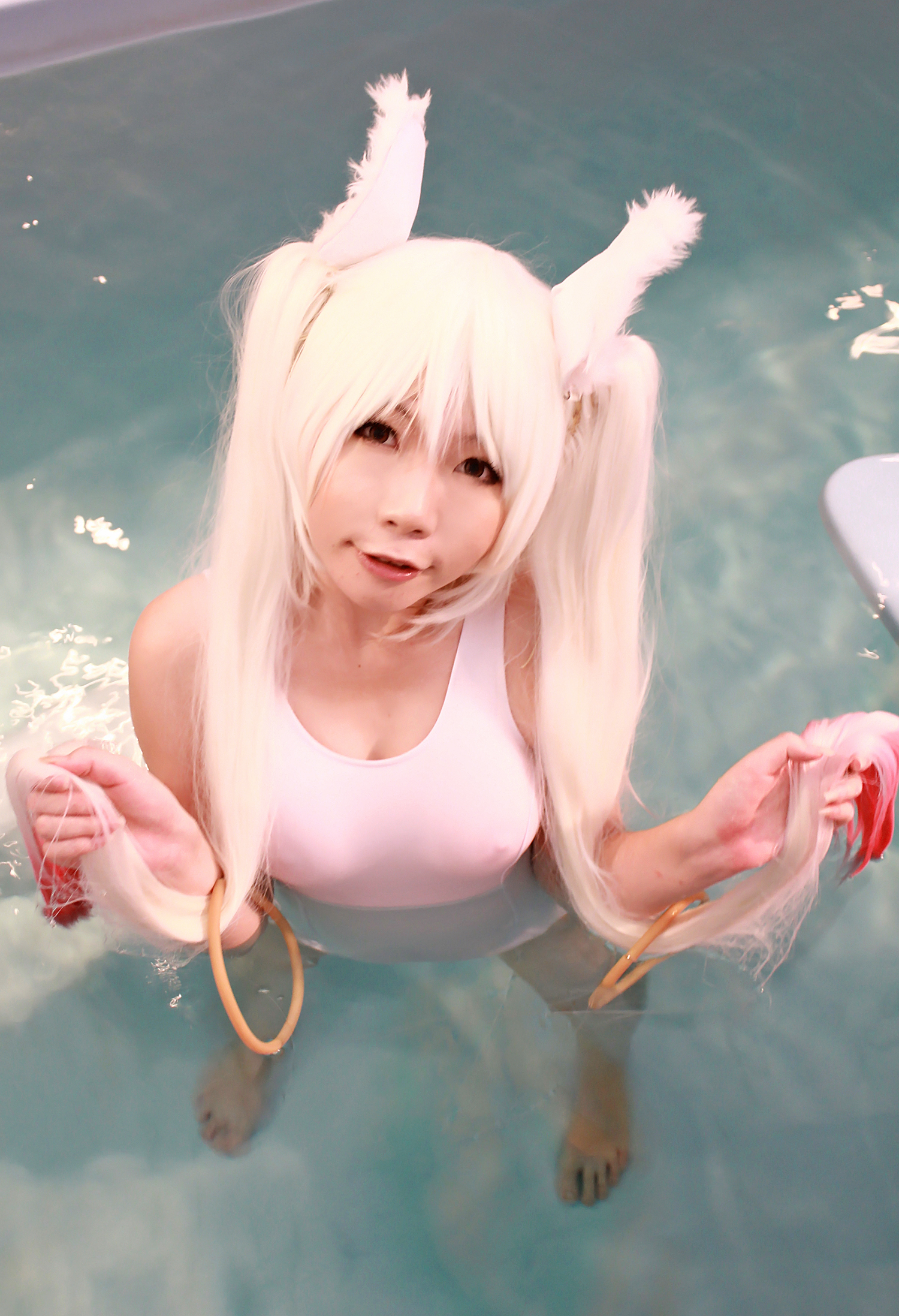 animal_ears asian breasts cosplay female long_hair pool solo twintails water wet white_hair