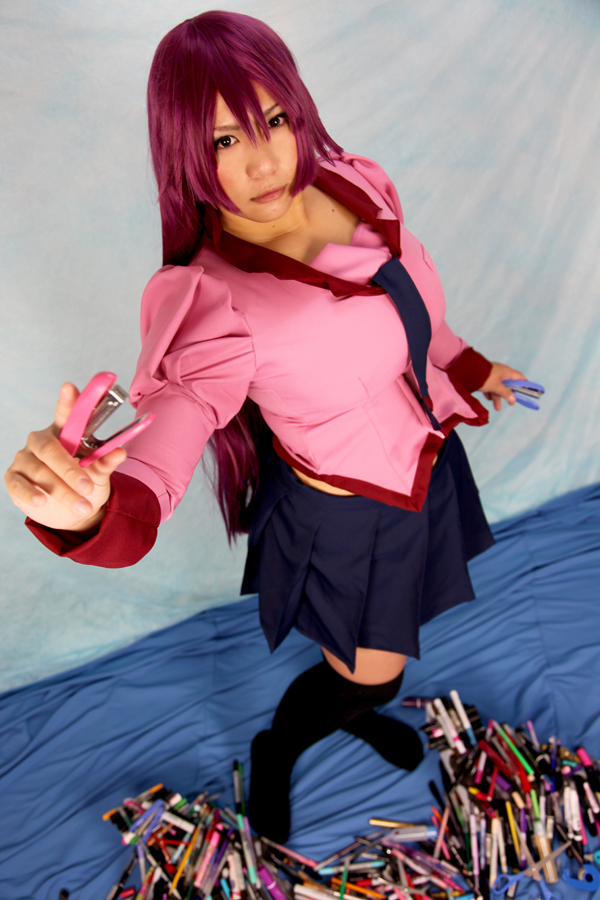asian breasts chouzuki_maryou cosplay female huge_breasts long_hair purple_hair skirt socks solo