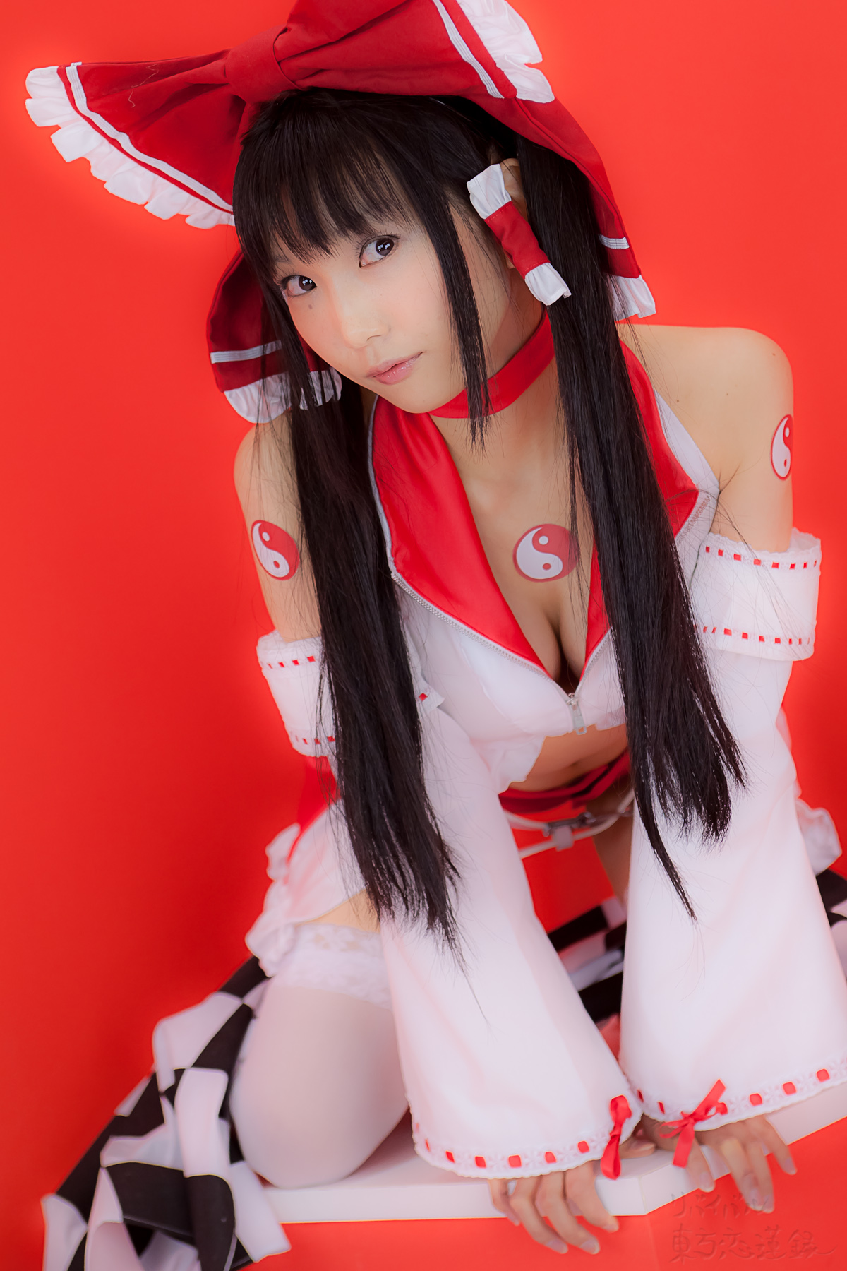 asian belt black_hair breasts cosplay female high_heels long_hair midriff shoes solo thighhighs