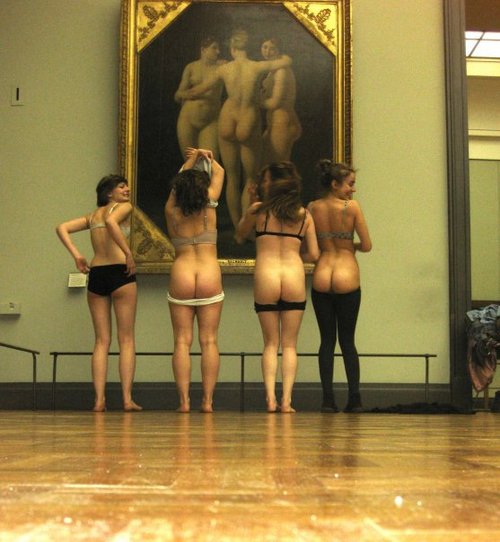 4_girls artwork_(object) ass flashing_body full_body human mooning museum panties photo
