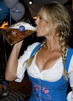 alcohol bavaria beer blonde_hair braided_hair breasts cleavage dirndl dress drinking female german germany long_hair oktoberfest solo white_female white_woman