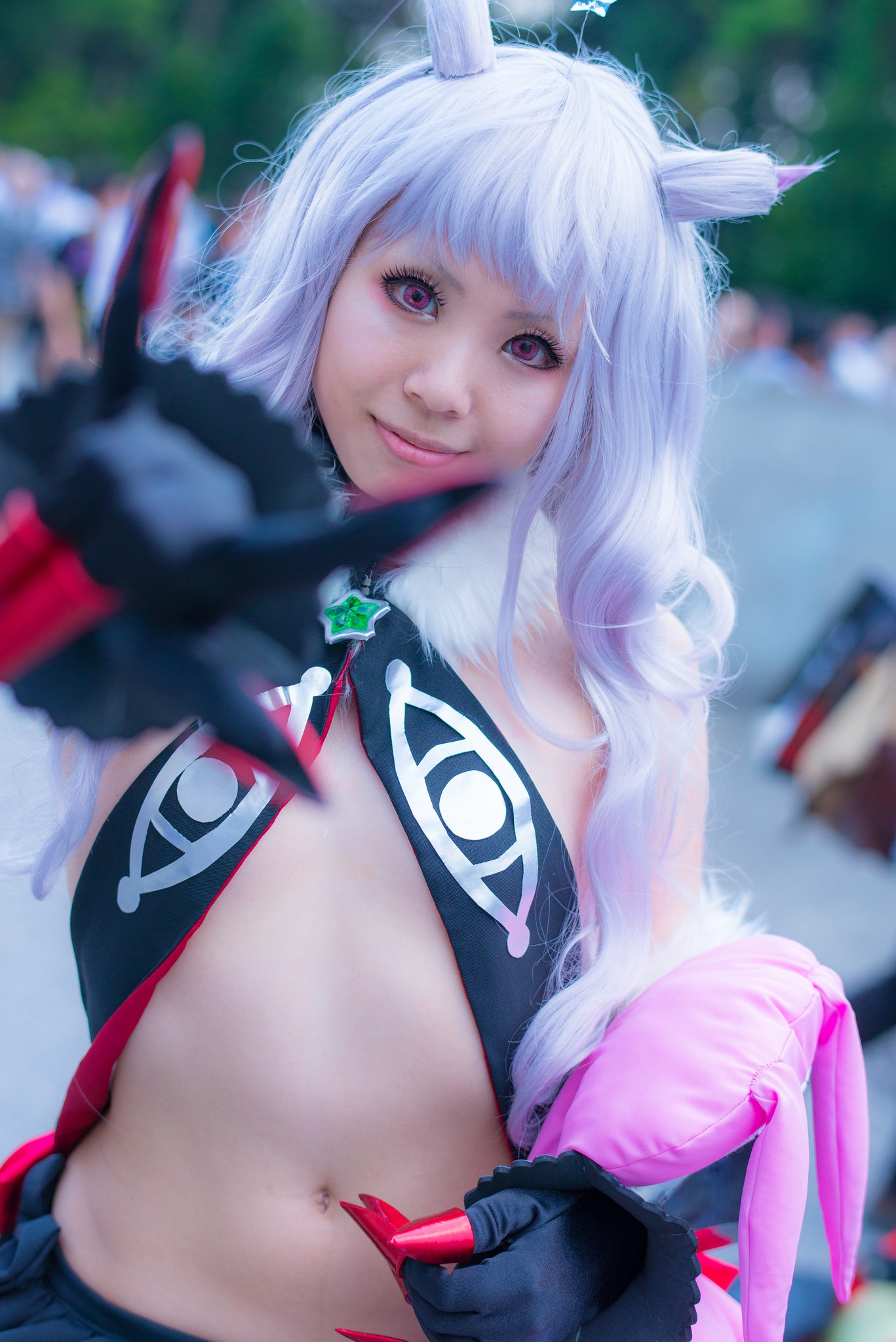 asian cosplay female flat_chest gloves horns long_hair purple_hair solo stuffed_animal