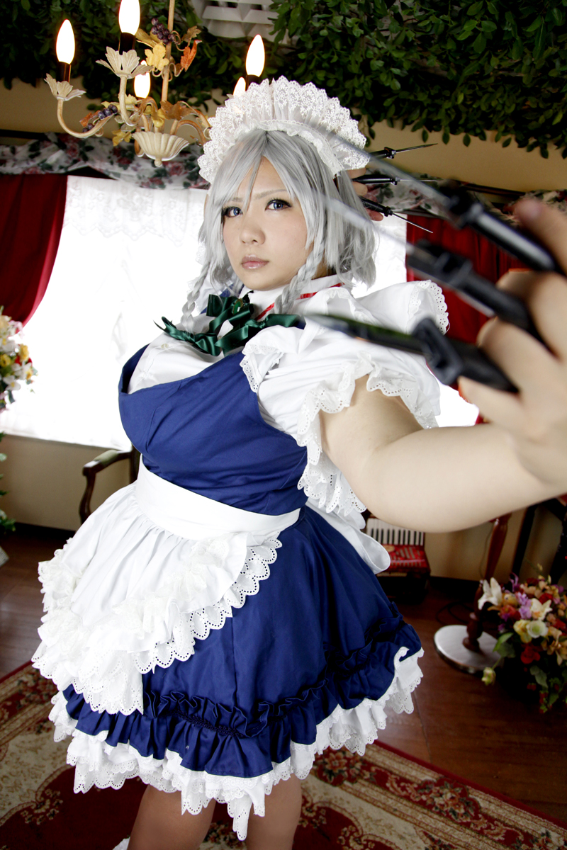 breasts chouzuki_maryou cosplay dress female grey_hair huge_breasts knife maid short_hair solo watermark weapon