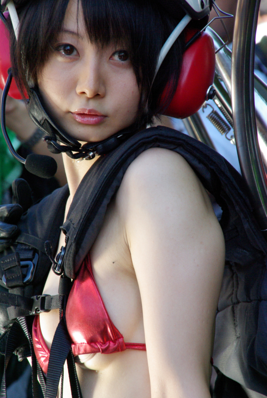 1girl asian bikini bikini_top harness headphones headset helmet japanese small_breasts swimsuit underboob ushijima_iiniku