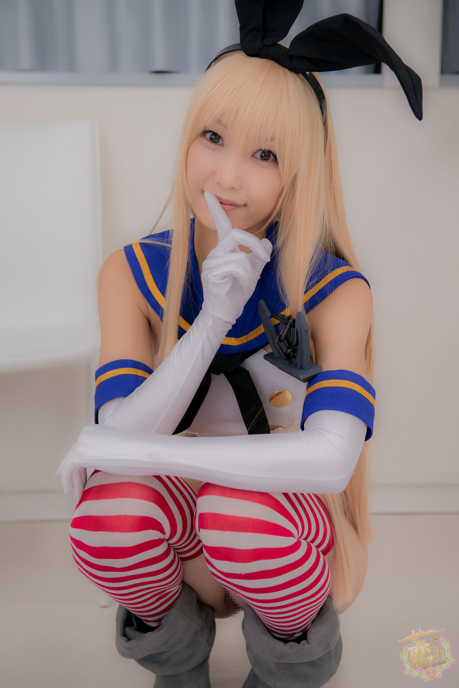 1girl asian blonde_hair breasts cosplay female high_heels japanese kantai_collection lenfried long_hair shimakaze_(kantai_collection) shoes solo squatting striped_legwear thighhighs