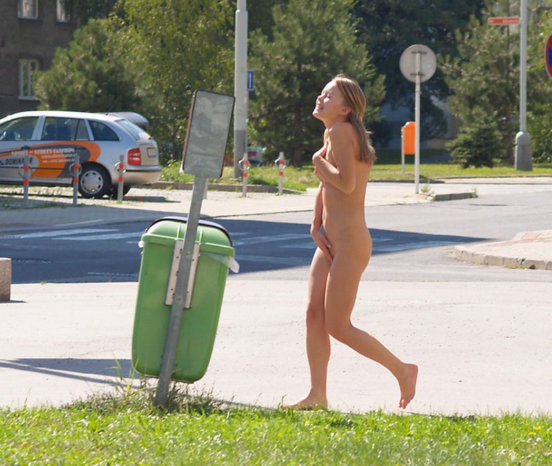 amateur blonde_hair covering covering_breasts covering_nipples embarrassed embarrassed_nude_female enf exhibitionism female nude outdoors profile public streaking street