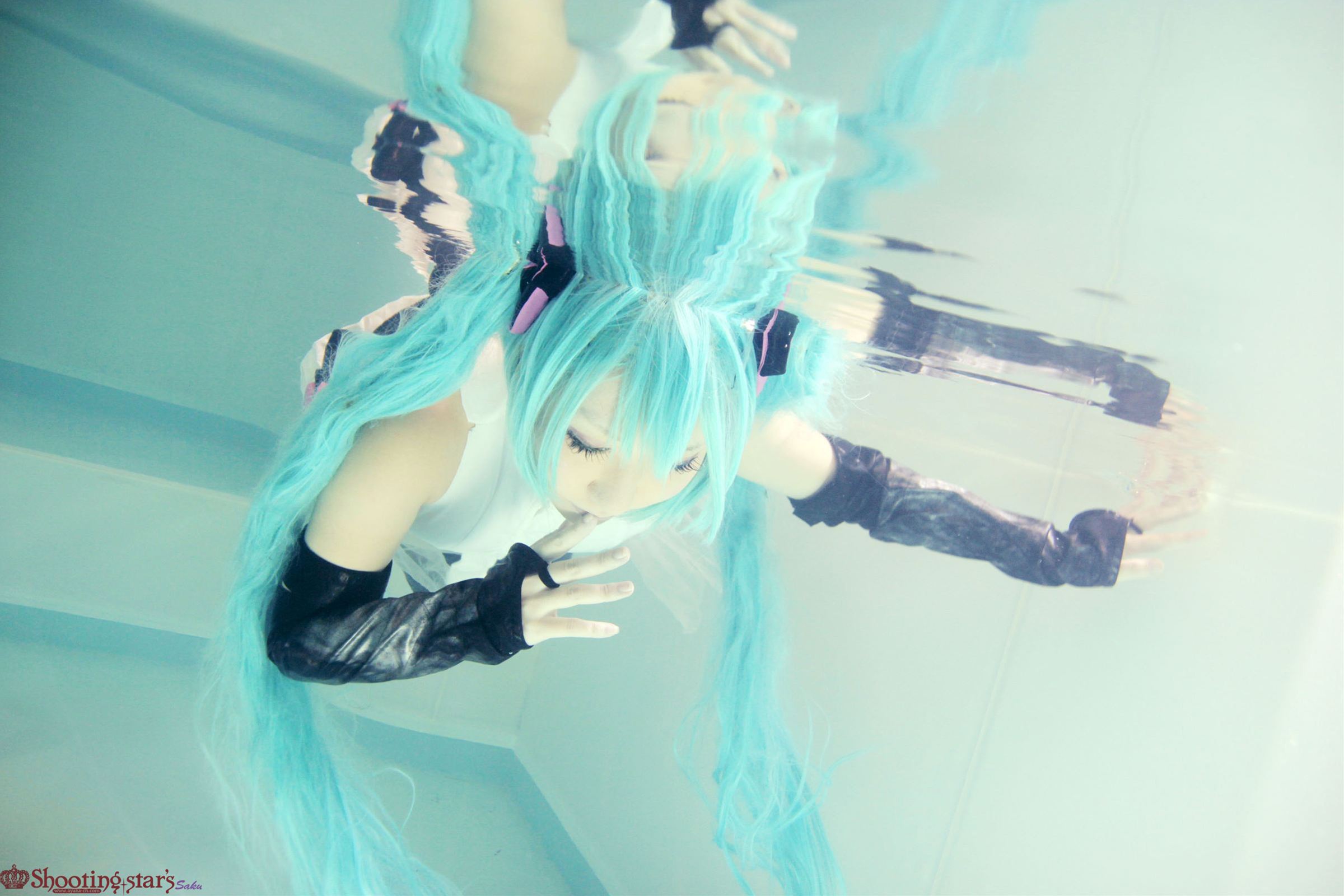 aqua_hair asian breasts cosplay elbow_gloves female gloves long_hair pigtails shooting_star solo watermark