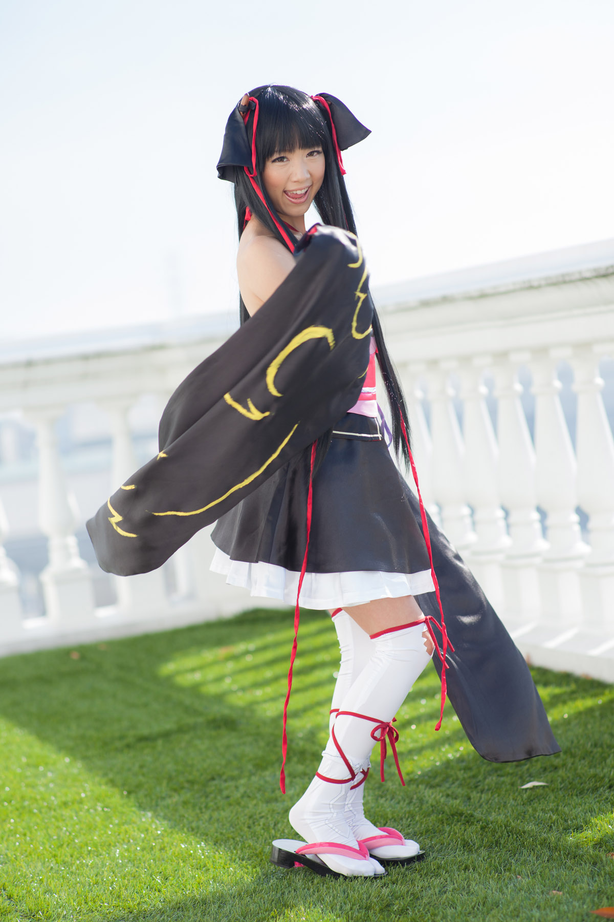 asian bare_shoulders black_hair breasts cosplay dress female long_hair shoes socks solo