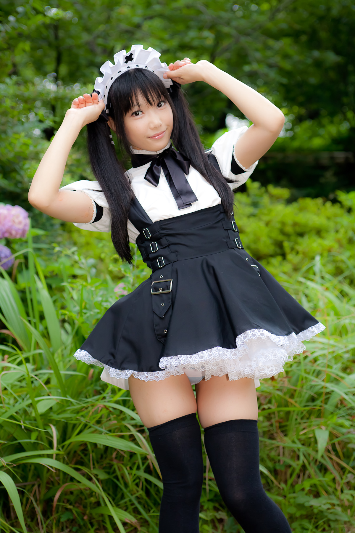 asian black_hair breasts female high_heels long_hair shoes solo thighhighs twintails
