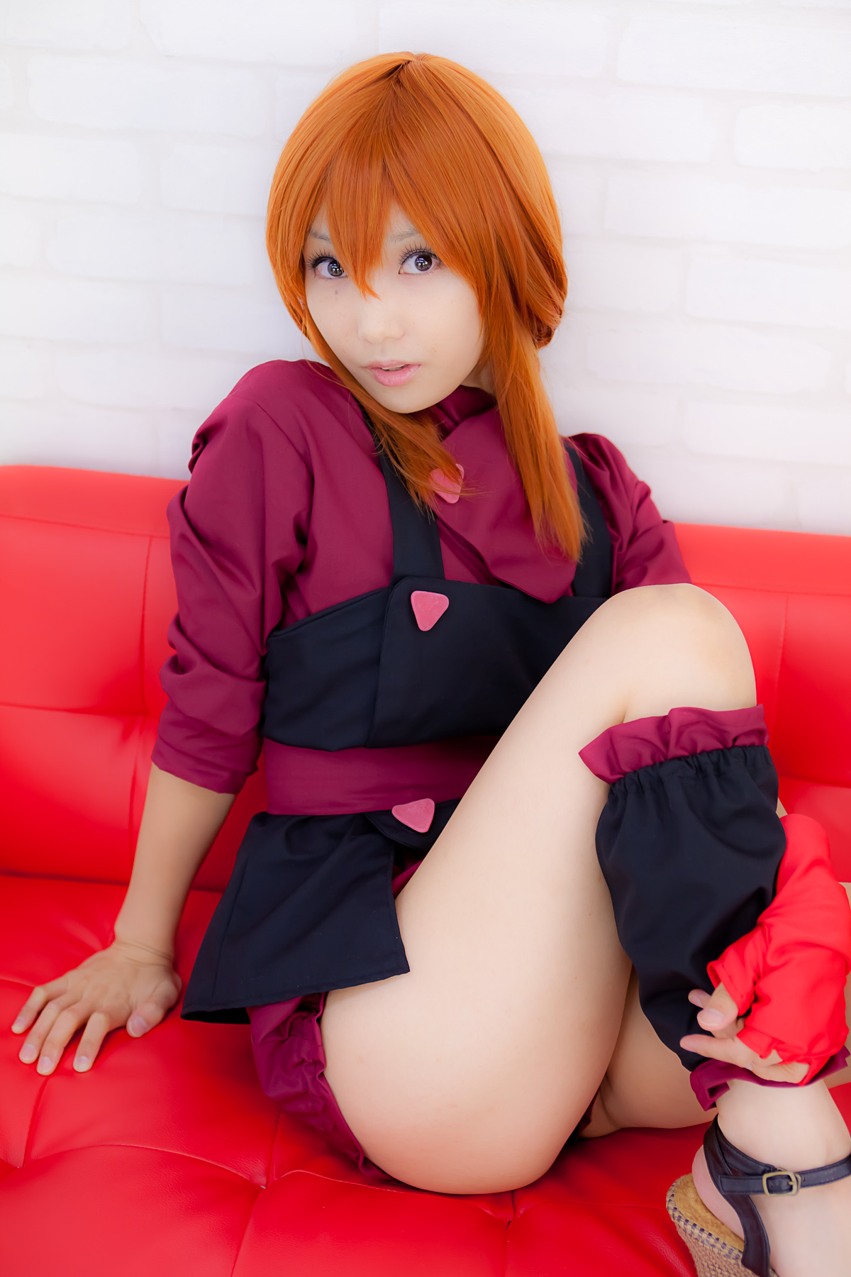 apron asian belt breasts cosplay female long_hair orange_hair sandals shoes solo