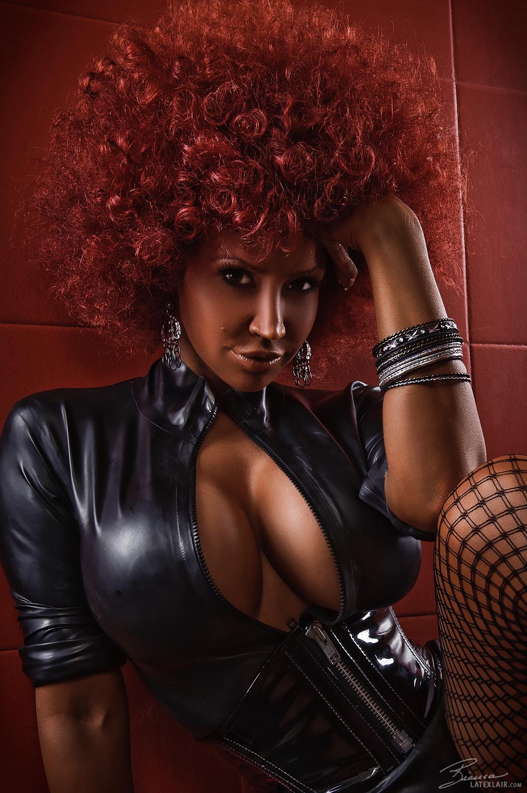 afro bianca_beauchamp breasts corset earrings female fishnets large_breasts long_hair red_hair solo watermark