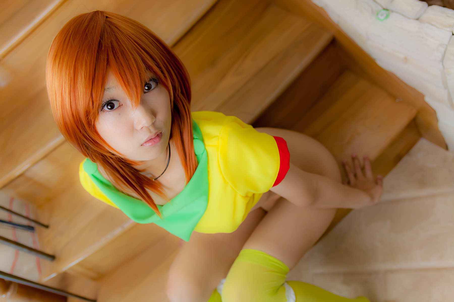 asian breasts cosplay female garter_belt long_hair midriff necklace orange_hair panties skirt solo thighhighs