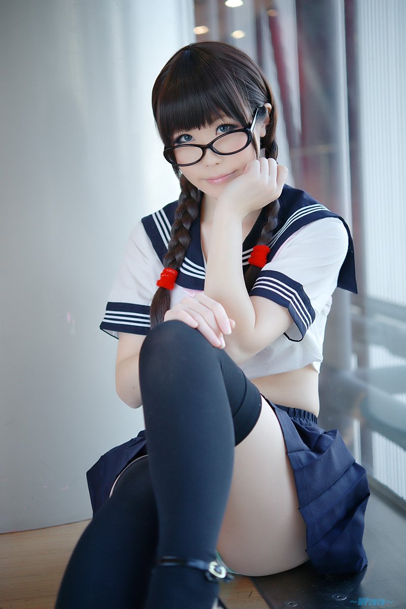 asian black_hair breasts cosplay female glasses haruka long_hair solo