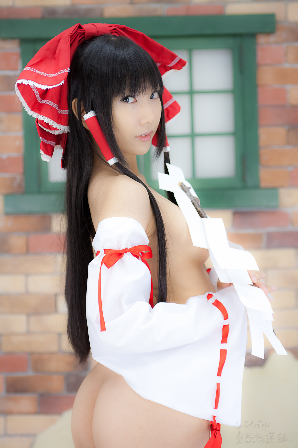 asian bare_shoulders black_hair breasts cosplay female long_hair navel pasties socks solo touhou twintails