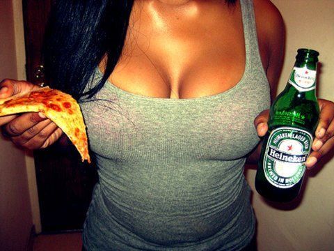 alcohol black_hair breasts cleavage food long_hair pizza