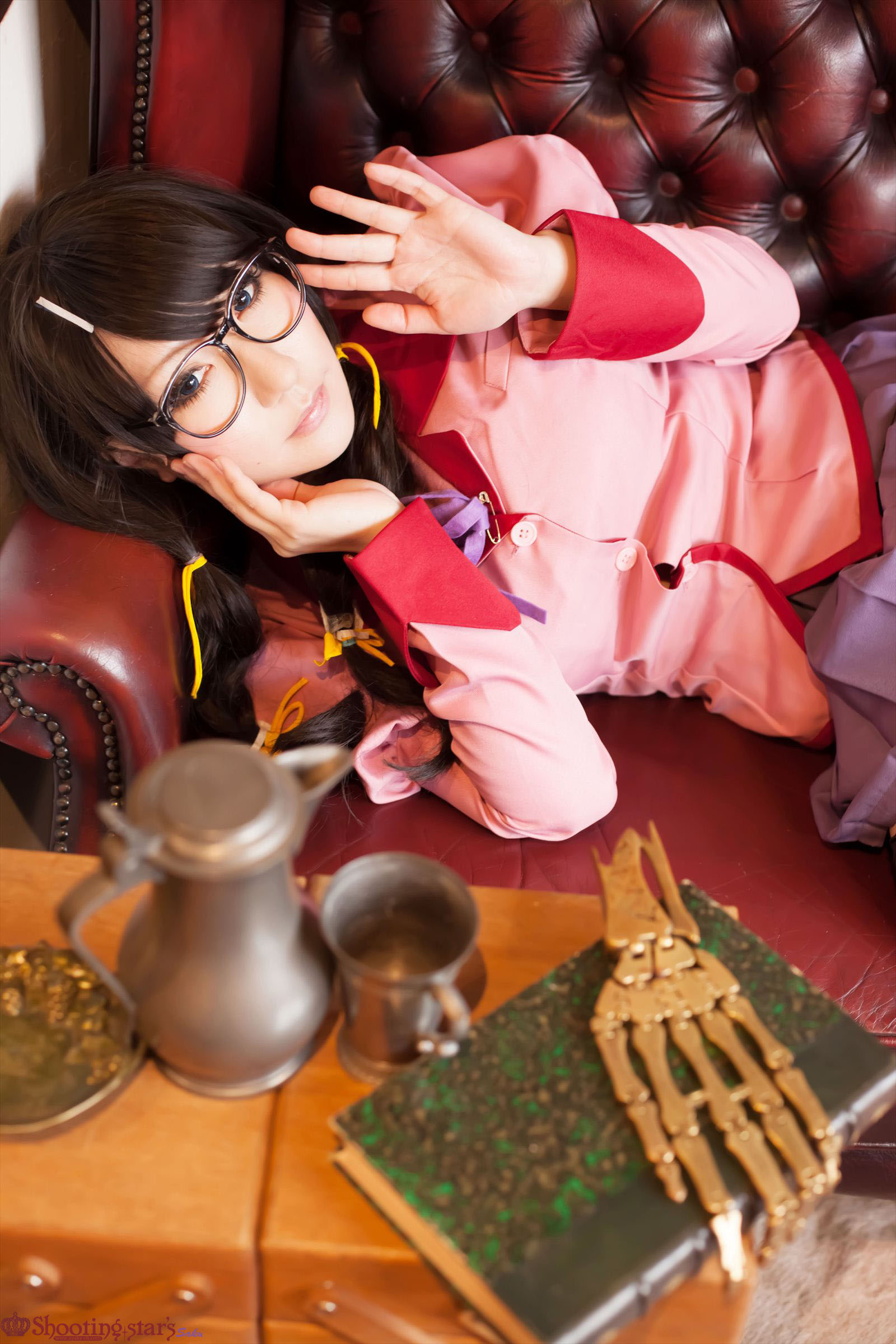 asian black_hair breasts cosplay female glasses high_heels kneehighs long_hair shoes shooting_star skirt solo watermark