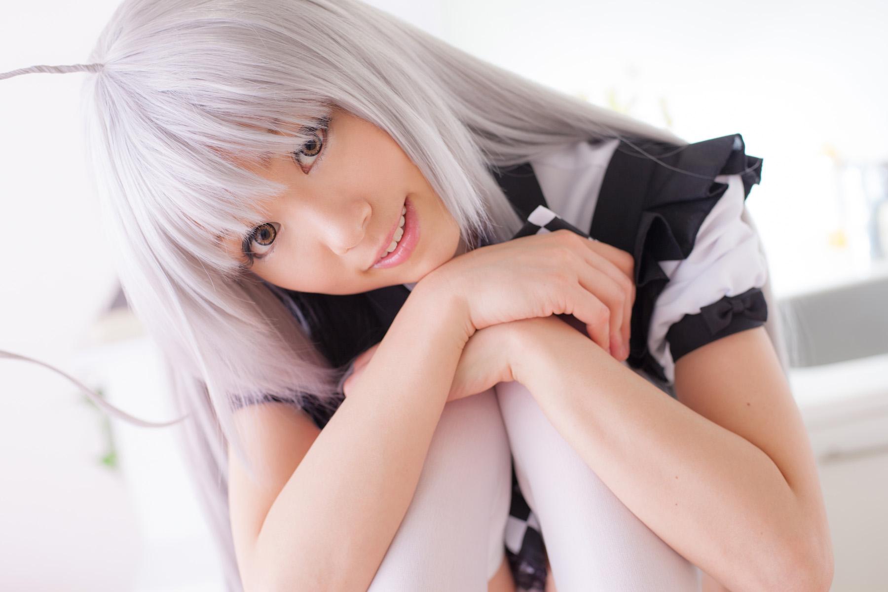 apron asian breasts cosplay female grey_hair high_heels long_hair panties shoes skirt solo thighhighs