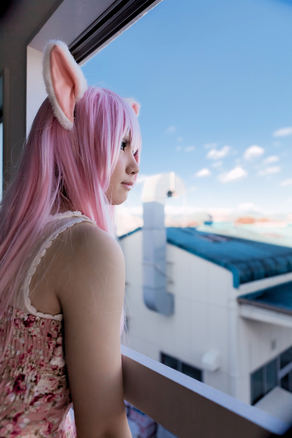 animal_ears asian breasts cosplay enako female long_hair pink_hair solo