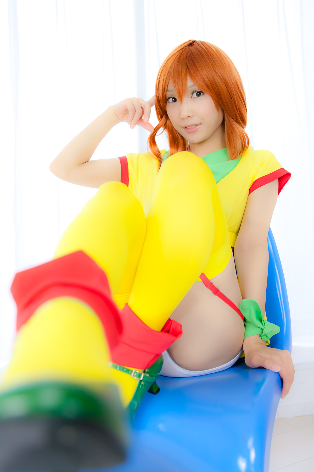 asian breasts cosplay female garter_belt long_hair midriff necklace orange_hair panties skirt solo thighhighs