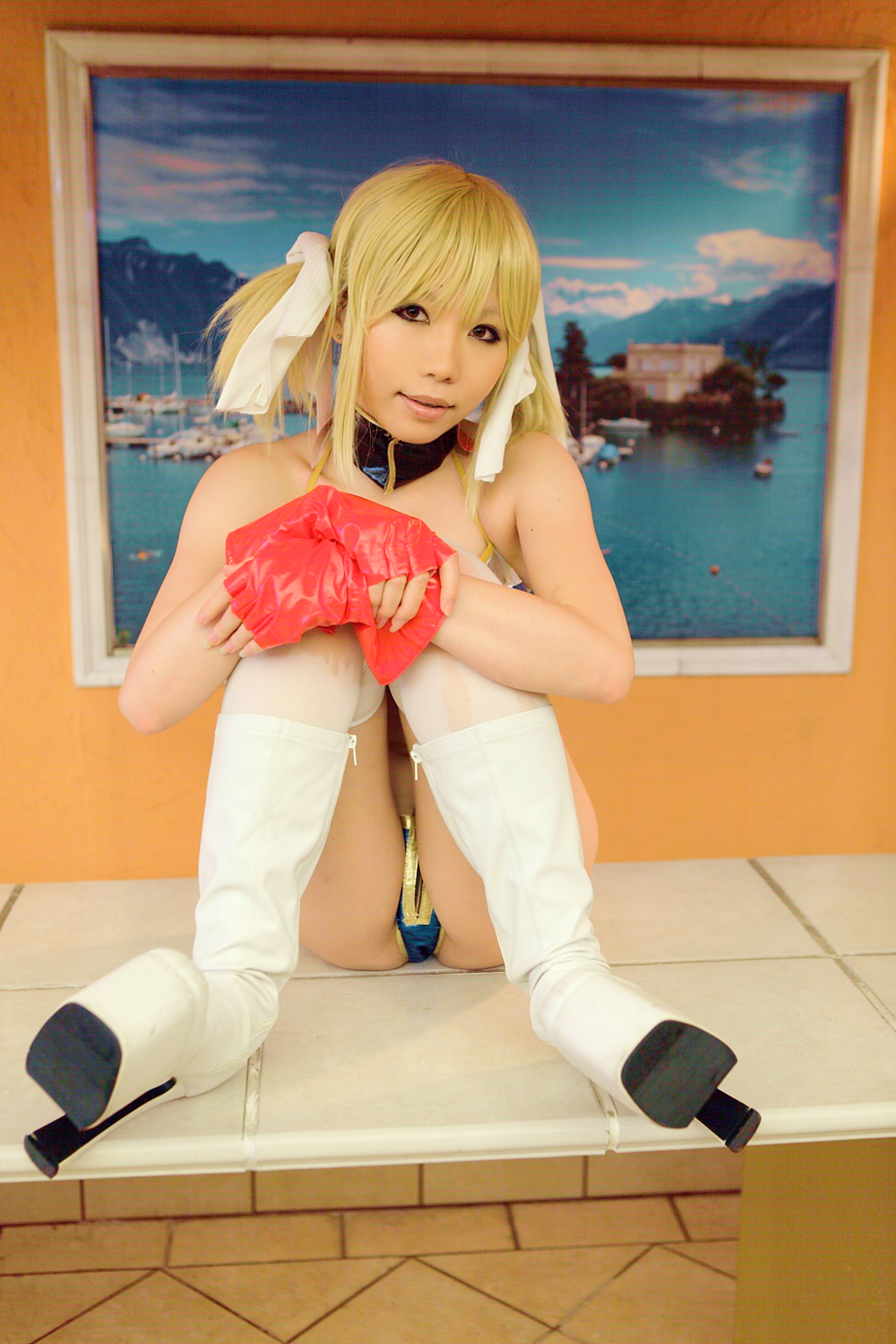 asian bikini blonde_hair breasts cosplay female gloves high_heels long_hair midriff navel shoes socks solo twintails