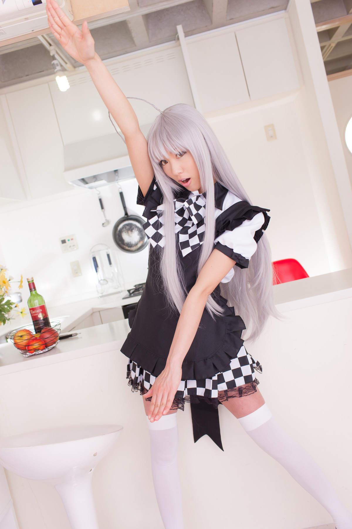 apron asian breasts cosplay female grey_hair high_heels long_hair shoes skirt solo thighhighs