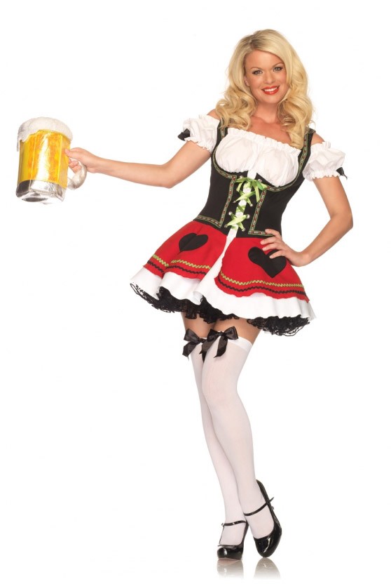 alcohol bavaria beer blonde_hair bow breasts costume dirndl dress female german germany leggings long_hair solo white_leggings