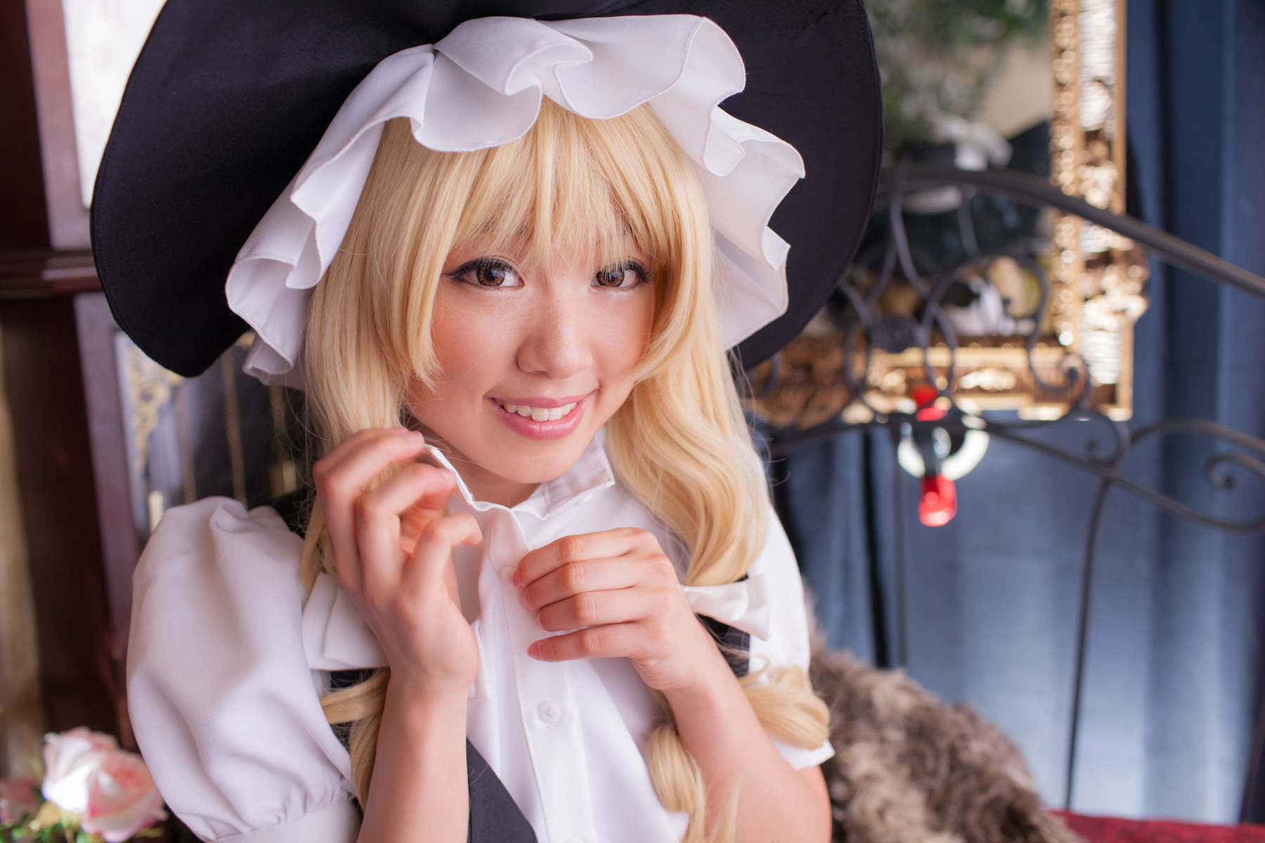 asian bed blonde_hair breasts cosplay dress female hat long_hair shoes socks solo