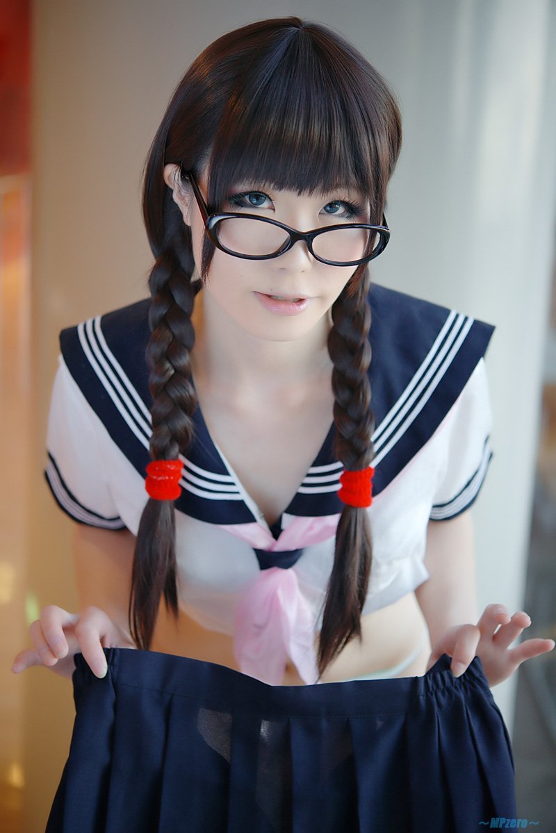 asian black_hair breasts cosplay female glasses haruka long_hair solo