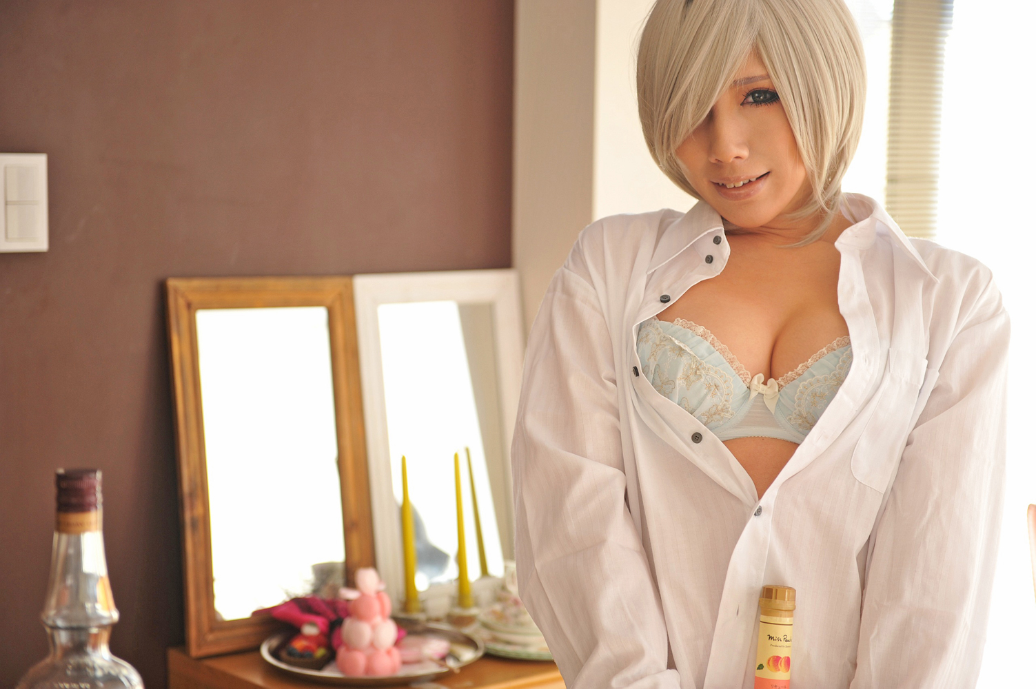 asian bra breasts cleavage female kitchen large_breasts navel nonsummerjack shirt short_hair solo white_hair