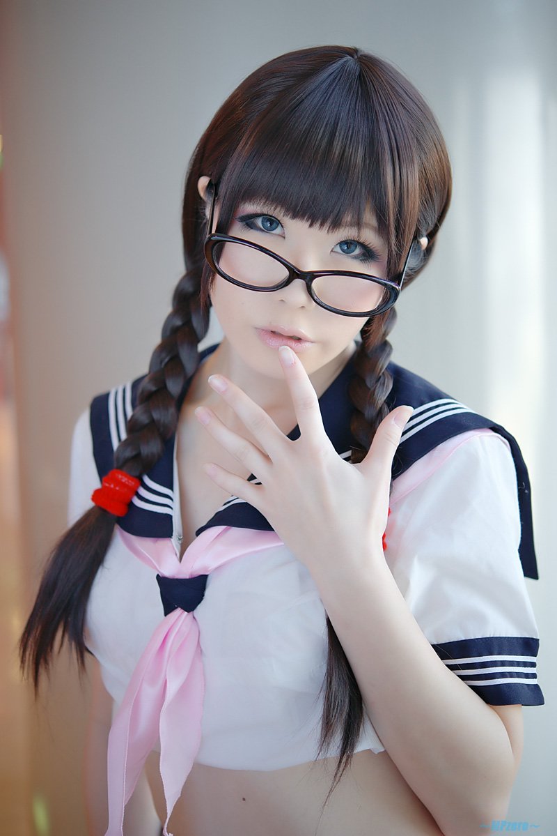 asian black_hair breasts cosplay female glasses haruka long_hair solo