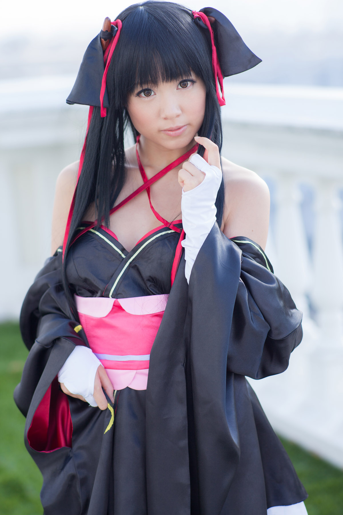 asian bare_shoulders black_hair breasts cosplay dress female long_hair shoes socks solo