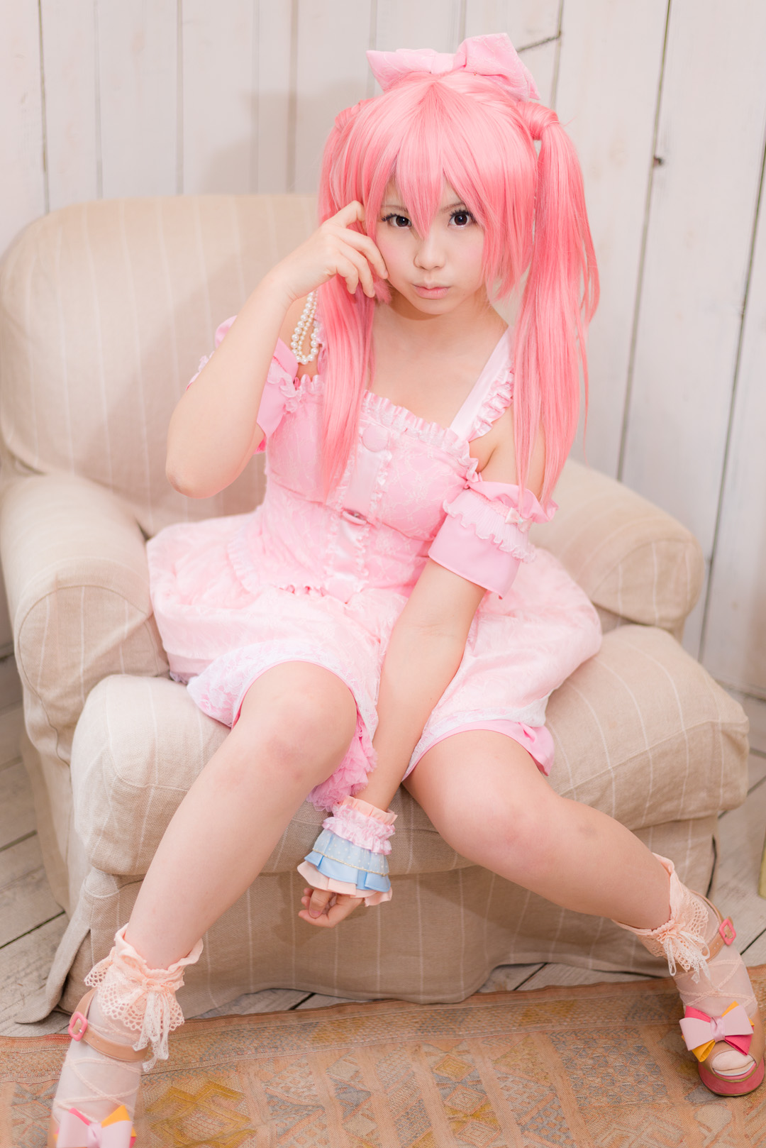 asian breasts enako female long_hair necklace pigtails pink_hair ribbon shoes skirt socks solo