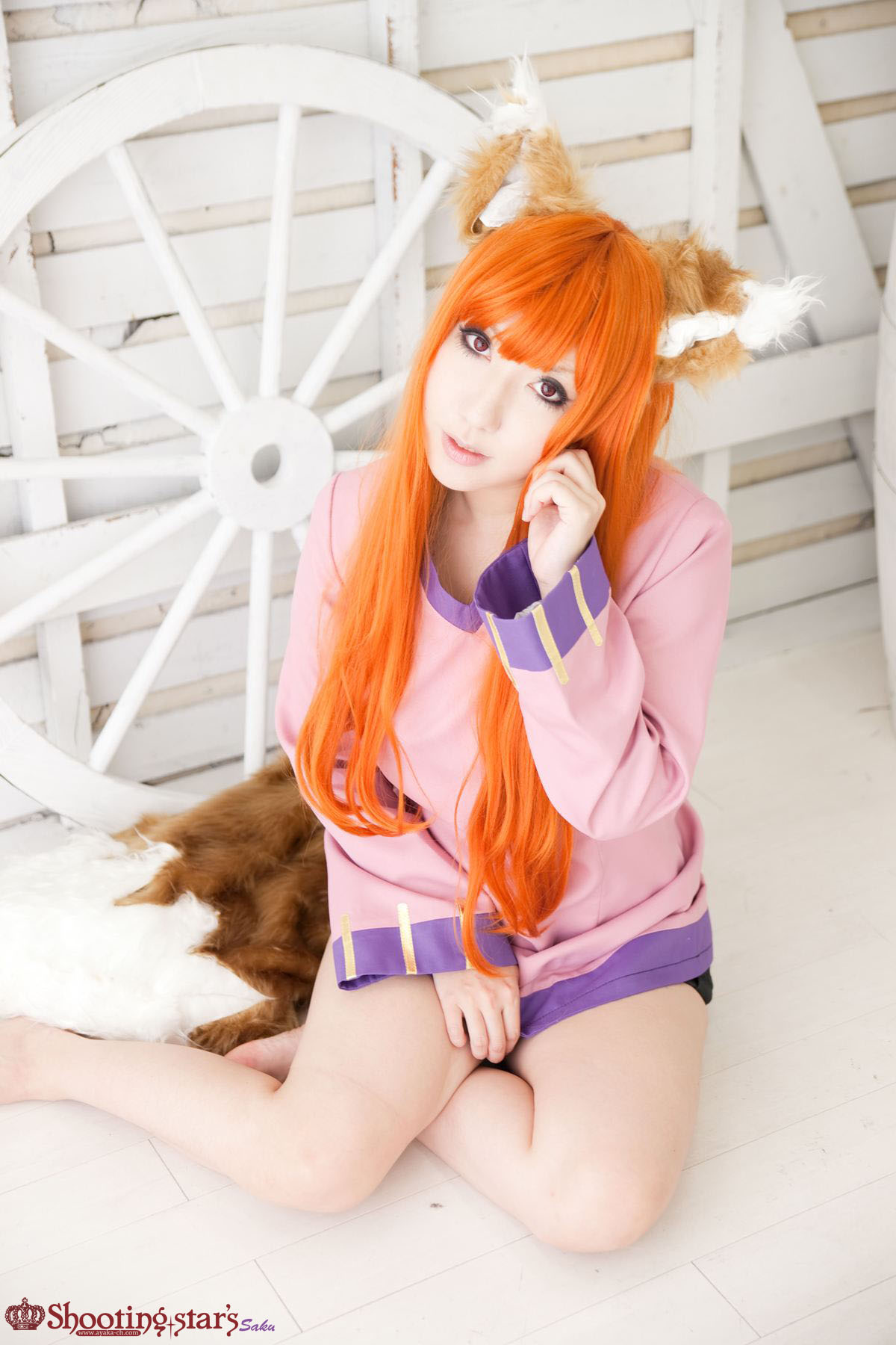 animal_ears asian breasts cosplay female long_hair orange_hair shooting_star solo watermark