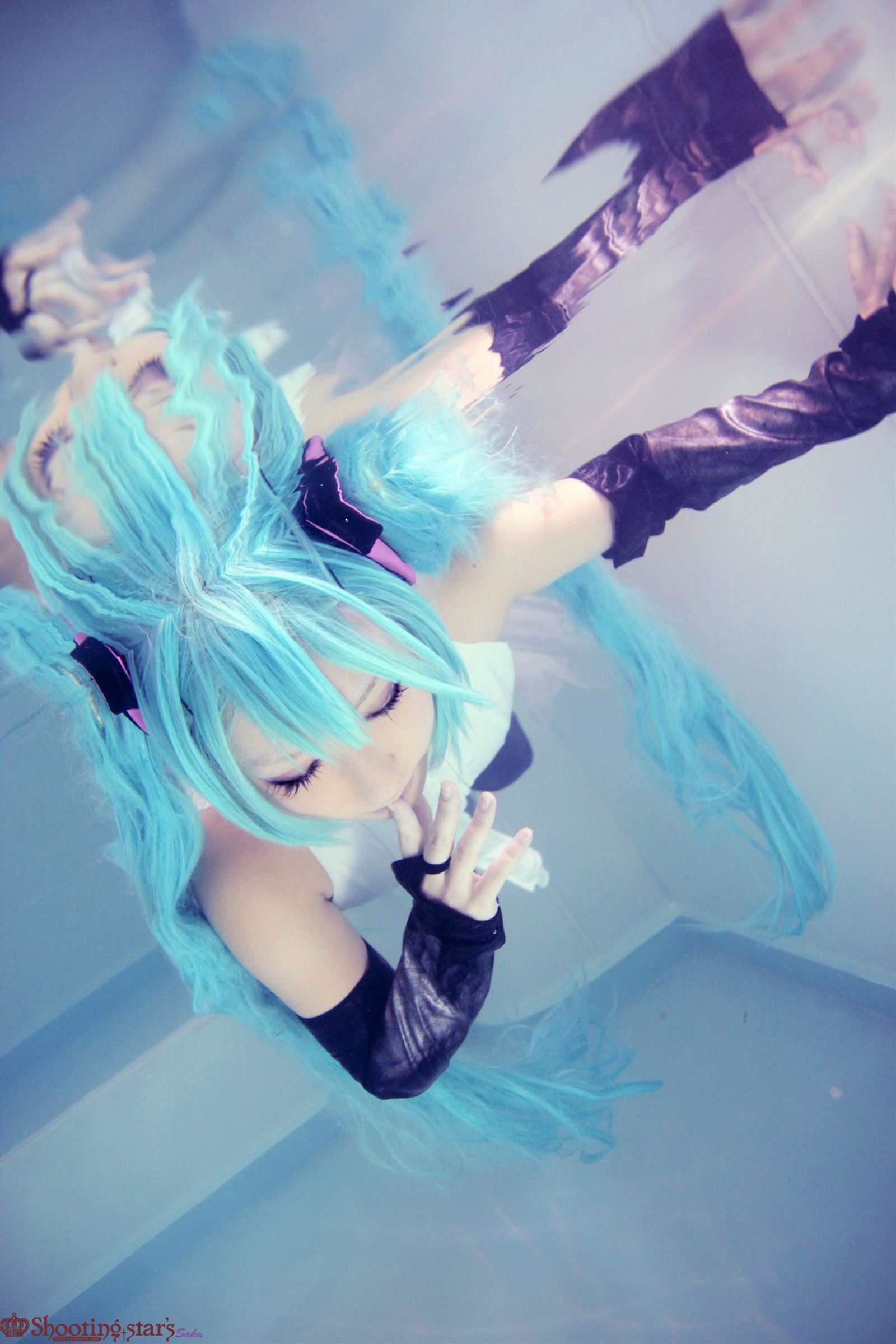 aqua_hair asian breasts cosplay elbow_gloves female gloves long_hair pigtails shooting_star solo watermark