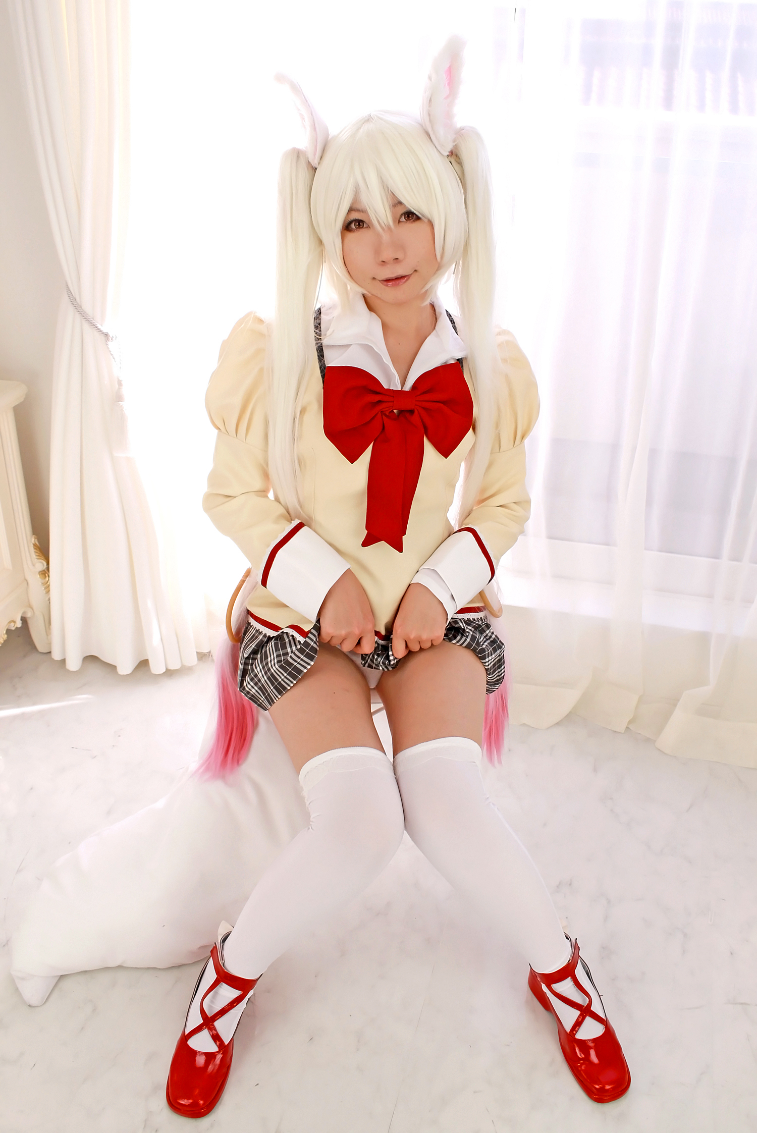 animal_ears asian breasts cosplay female high_heels long_hair shoes skirt socks solo twintails white_hair
