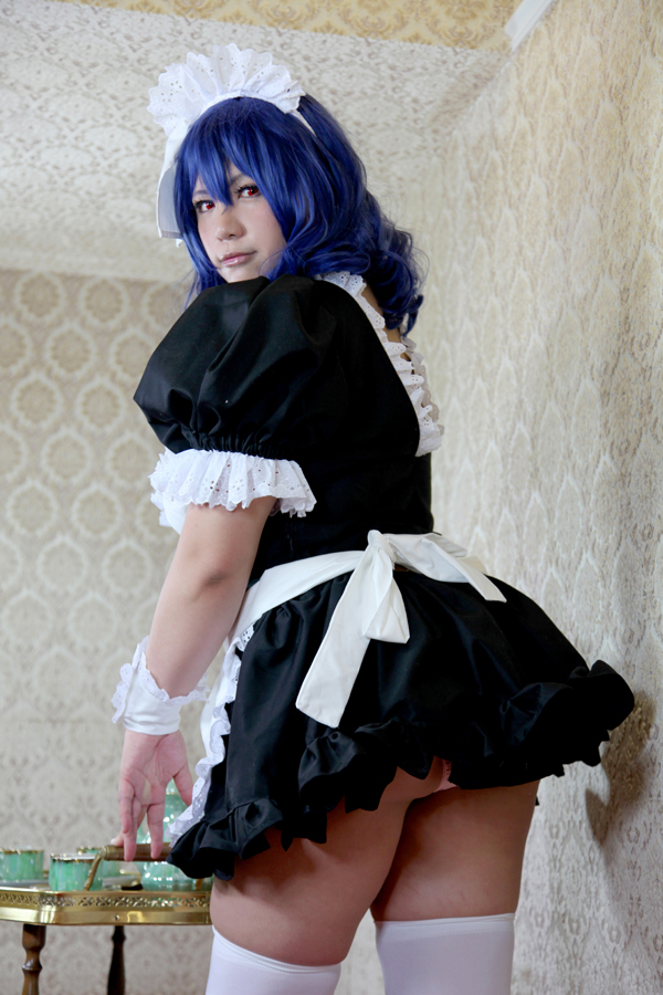 ass blue_hair chouzuki_maryou cosplay huge_ass long_hair looking_back maid panties socks underwear upskirt