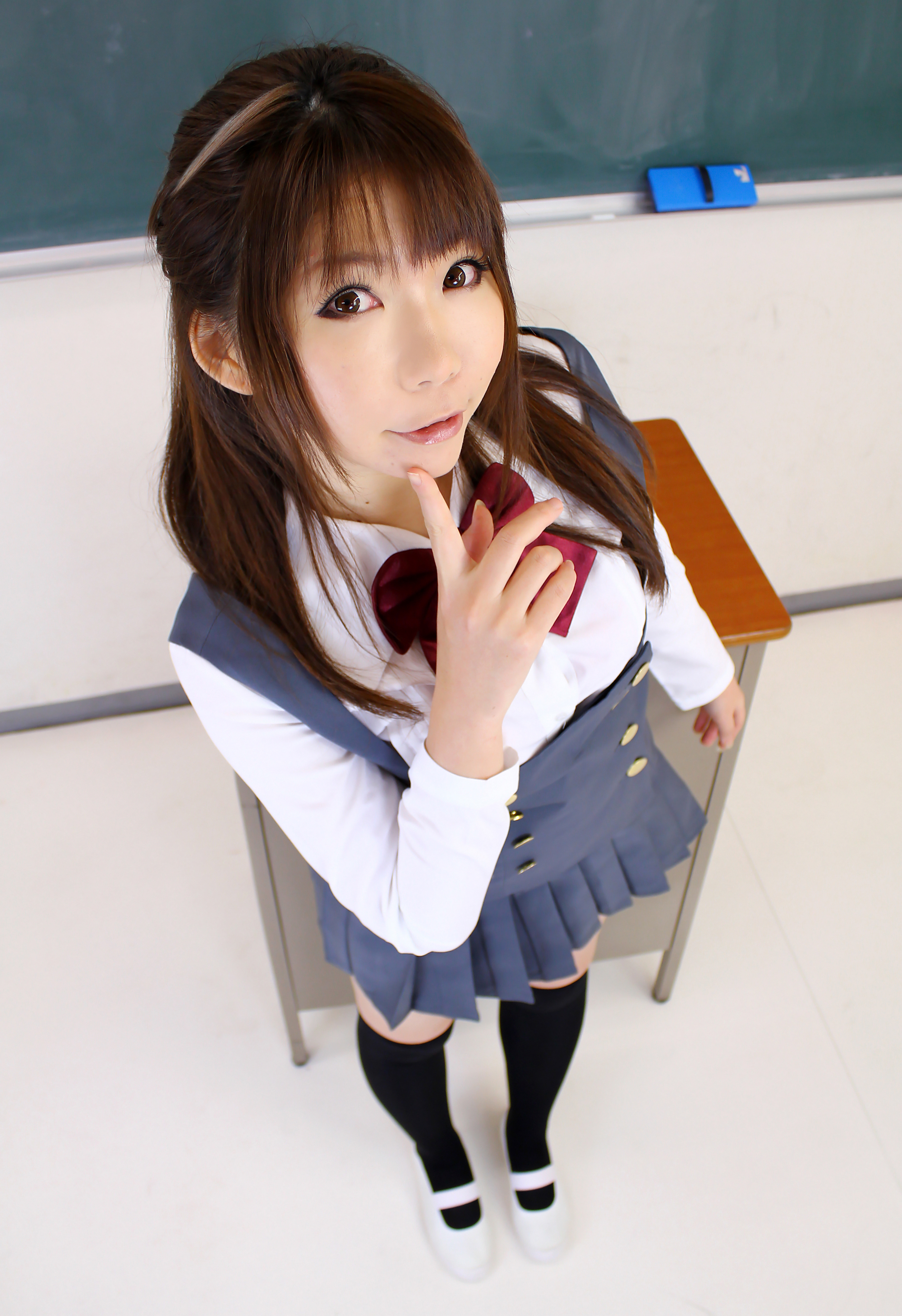 asian breasts brown_hair female japanese long_hair rin_higurashi school school_uniform schoolgirl seifuku shoes skirt socks solo
