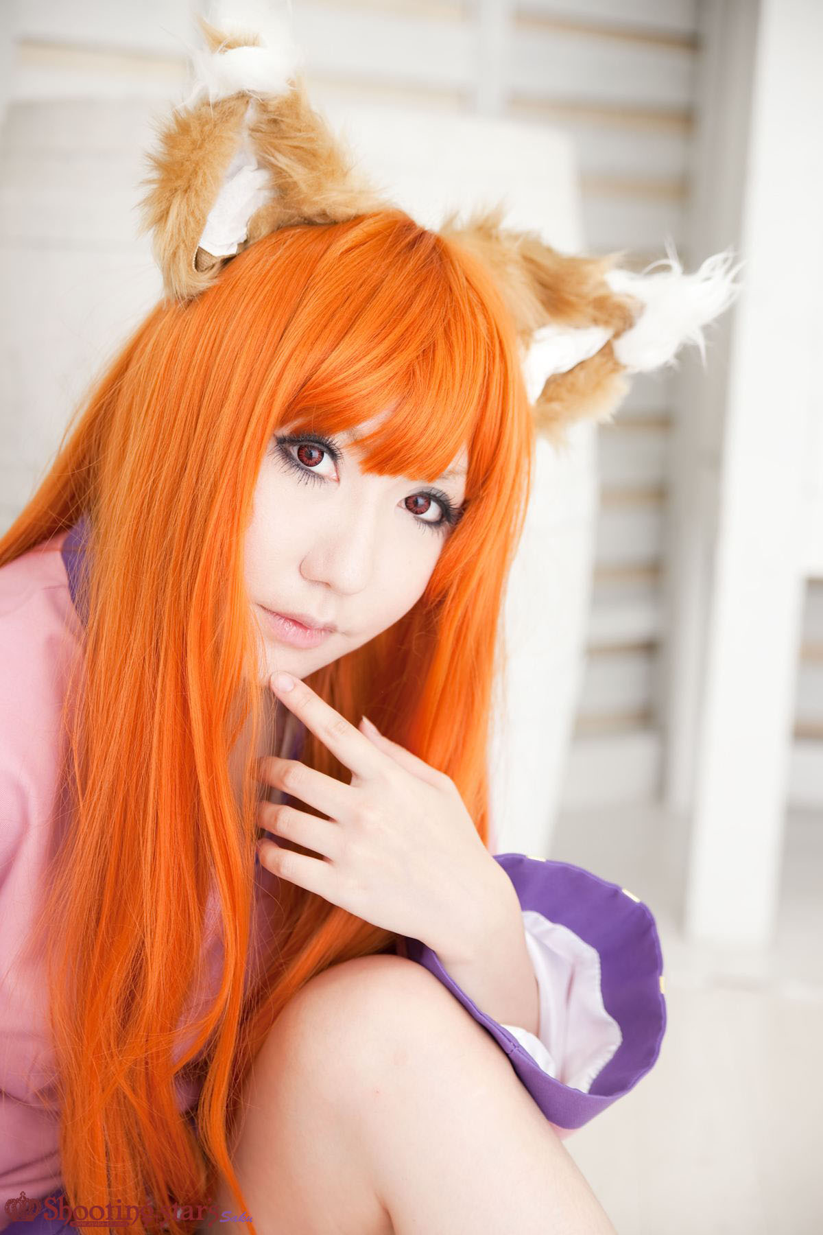 animal_ears asian breasts cosplay female long_hair orange_hair shooting_star solo watermark